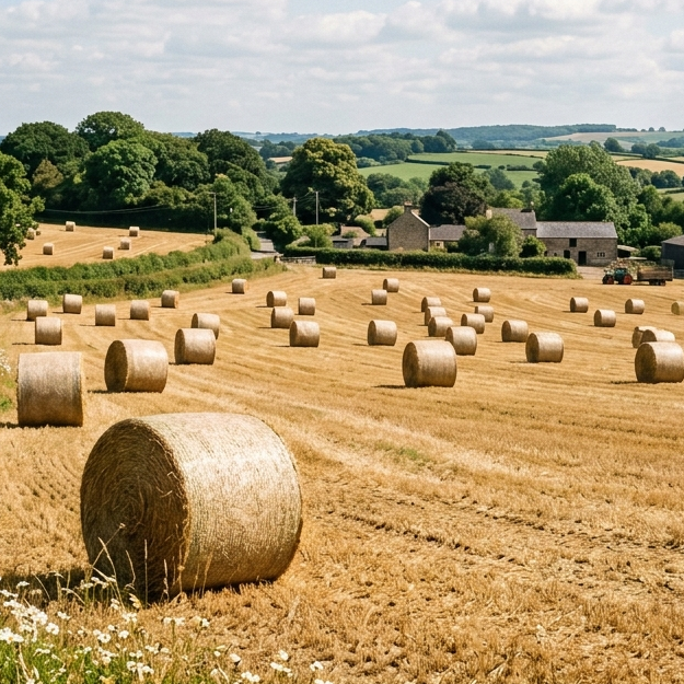 round bales of hay in a field